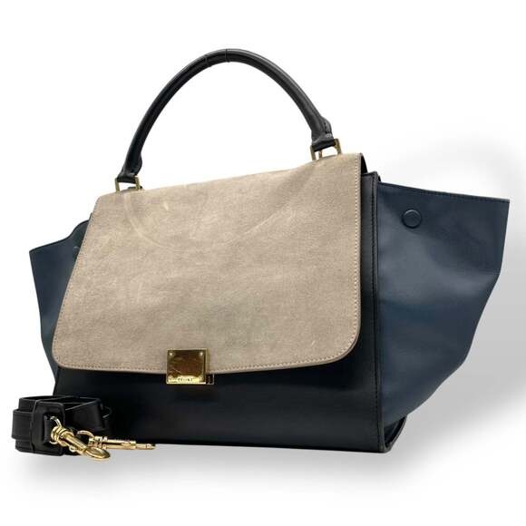 CELINE Handbags - CELINE Trapeze Leather Suede Handbag Shoulder Bag Navy Gray Women's B4